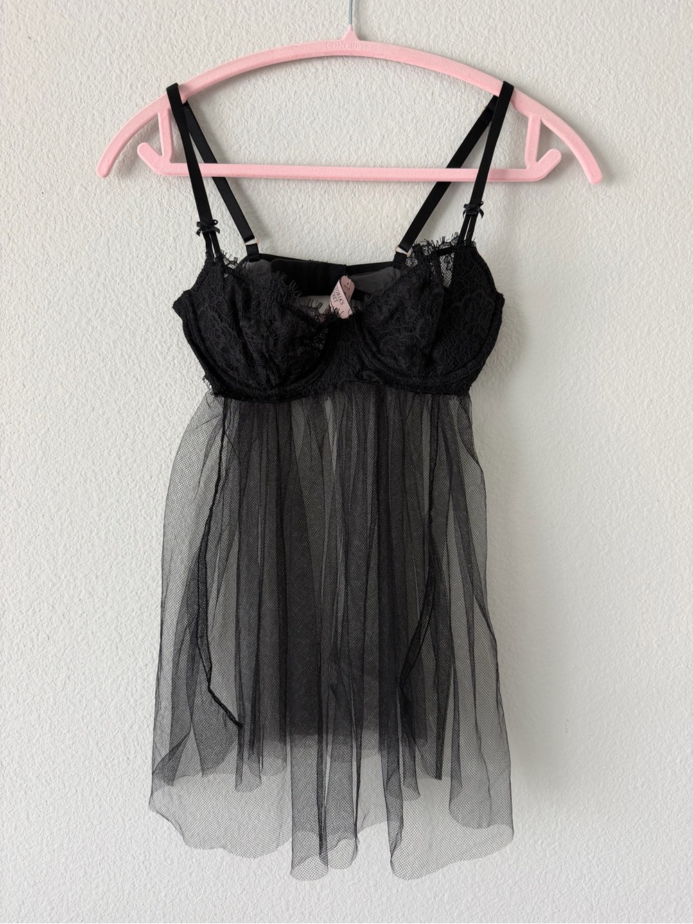 Victoria's Secret Black Lace Babydoll Top Mesh Tulle Sheer Lingerie Top NWT